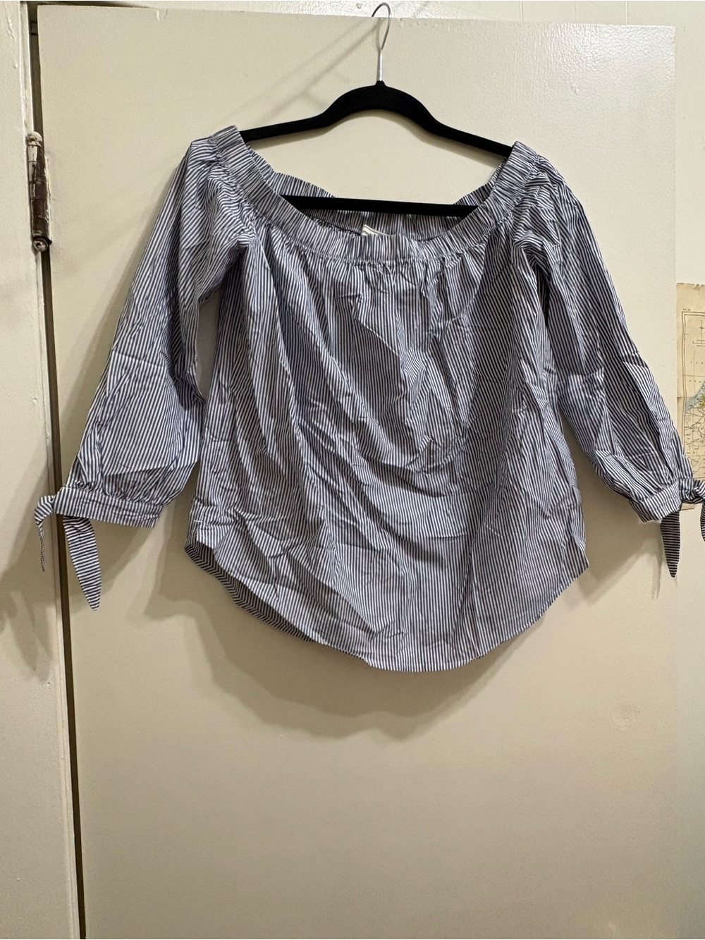 Abercrombie & Fitch Navy and White Striped Off-Shoulder Top